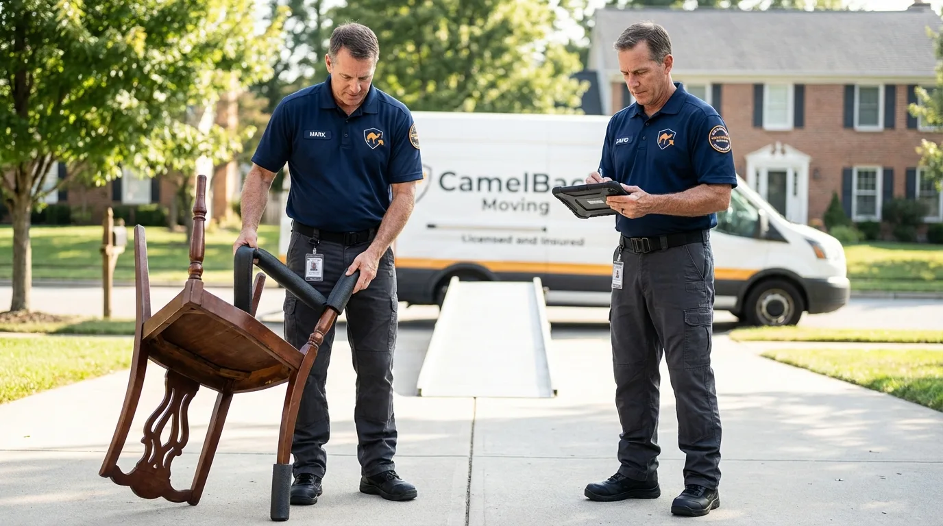 Movers inspecting furniture for damage prevention before loading in Newburgh, IN